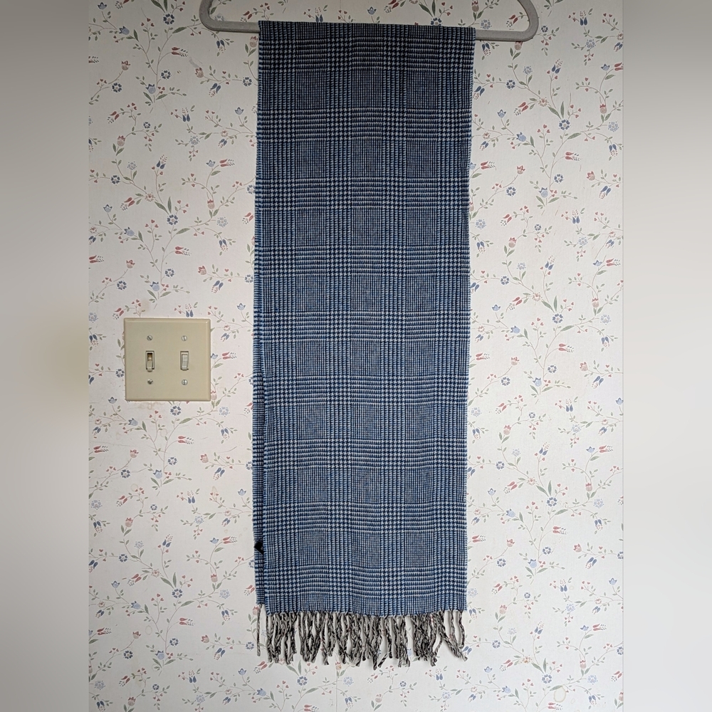 Altea Wool Tweed Scarf Blue White Checkered Fringed Academia Light Preppy Classy